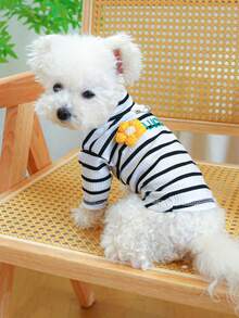 PETSIN 1pc Striped Pet High Neck Base Shirt LUCKY Embroidered Three-Dimensional Flower, With Traction D-Ring Cat And Dog Universal T-Shirt - Black and white bars - View 7