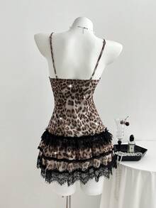 Elamini 复古豹纹亮片V领收腰A字蕾丝边女士短款连衣裙，春夏款 - 彩色 - 查看 2