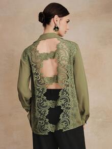 Anewsta Women's Heavyweight Hollow-Out Crochet Blouse - Green - View 3