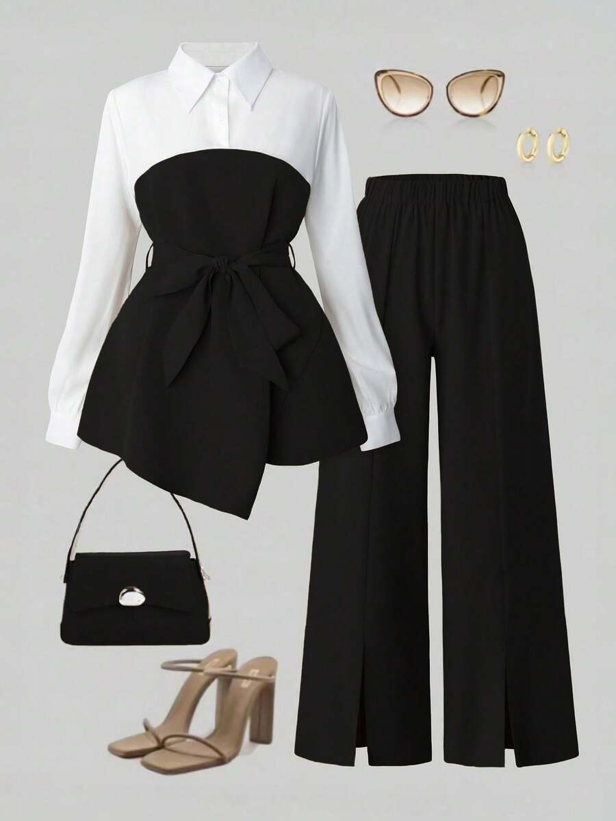 Franclia 简约优雅秋季衬衫和直筒开衩裤两件套 - 黑色 - 查看 1