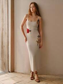 MOTF PREMIUM EMBROIDERY FLORAL PATCHED SLIM FIT SLIP SWEATER DRESS - Apricot - View 5