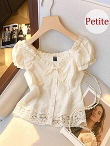 Franclia Petite 女士甜美优雅撞色蕾丝露肩荷叶边上衣，百搭短款上衣，春夏款 - 杏色 - 查看 1