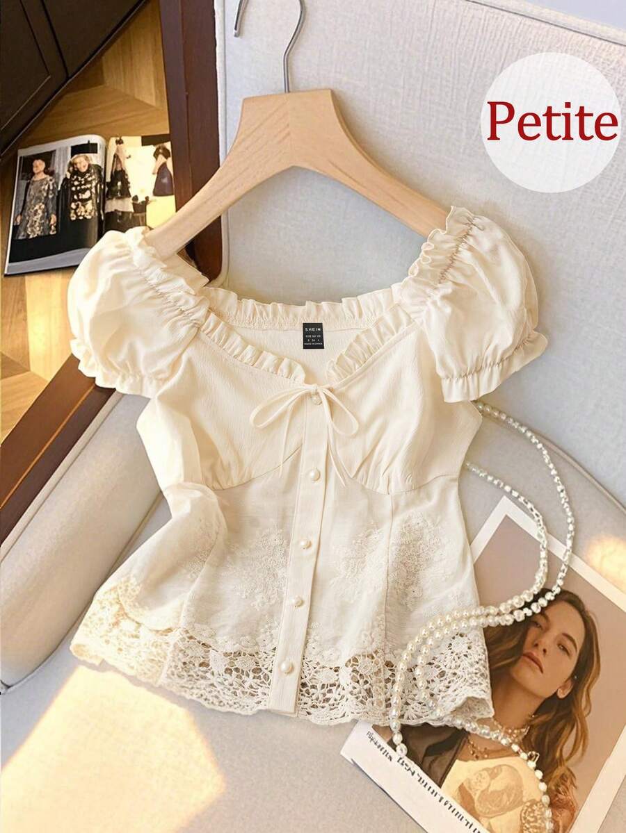 Franclia Petite 女士甜美优雅撞色蕾丝露肩荷叶边上衣，百搭短款上衣，春夏款 - 杏色 - 查看 1