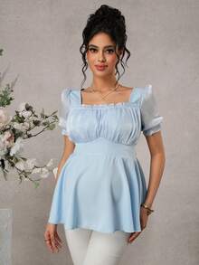 Momance 荷叶边孕妇衬衫，方领，双层设计，A字下摆，荷叶边上衣 - 淺藍色 - 查看 3