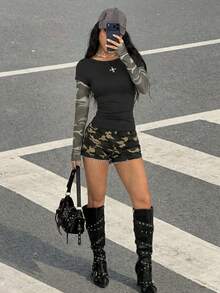 Muchica 撞色针织女式紧身学院风T恤 - 彩色 - 查看 3