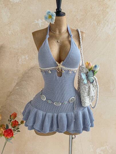 Soleia Đầm ngắn xếp ly cho nữ, vải dệt kim màu xanh nhạt, họa tiết sao biển và vỏ sò, kiểu dáng nghỉ mát.