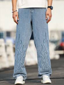 Manfinity EMRG Men's American Loose Fit Printed Flame Jeans - Blue - View 4
