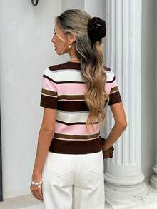 Women's Striped Short Sleeve Single-Breasted Casual Thin Cardigan - Multicolor - View 2