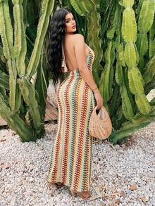 SHEIN SXY Plus Size Teal Boho Summer Beach Holiday Long Slip Dress,Yellow Woolen Fabric Contrasting Colors Embellishments,Elegant Casual Bohemian Slim Fit Dress - Multicolor - View 2