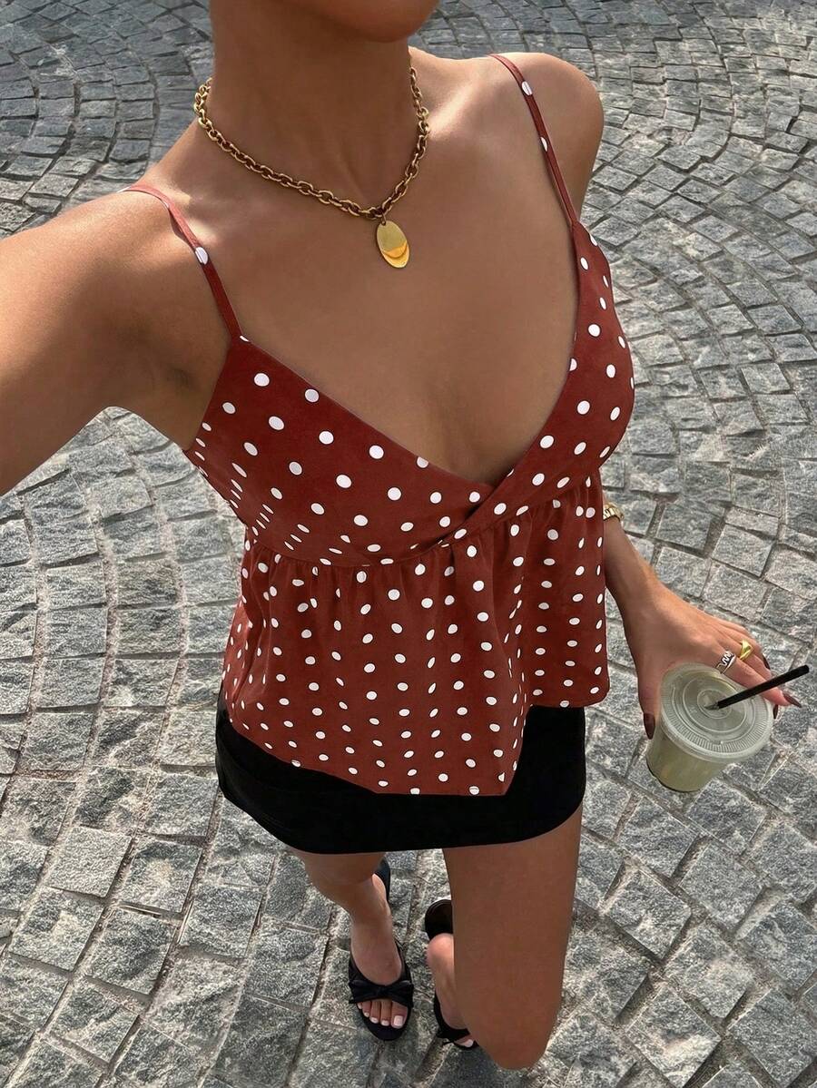 Muchica Women's Casual Vacation Polka Dot V-Neck Camisole, Spring/Summer,Summer Top - Brown - View 1