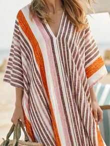 Balvessa 女士复古印花V领长连衣裙，沙滩罩衫，泳装外套，春夏款 - 彩色 - 查看 7