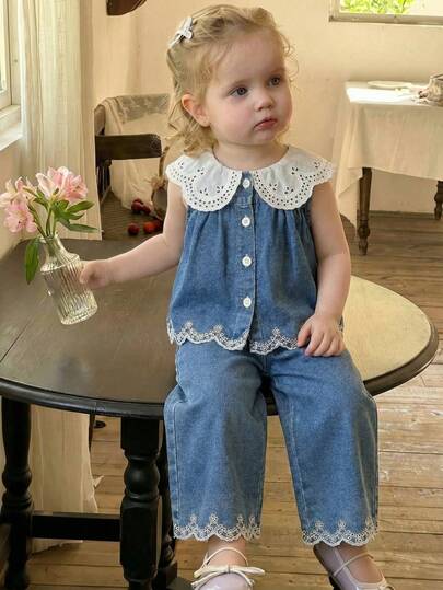 SHEIN Countryside Style Peter Pan Collar Girls Outfit, Baby Girl Fashion Embroidered Hem Sleeveless Top And Long Pants 2-Piece Set