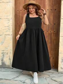 SHEIN CURVE+ Đầm dài dáng rộng màu đen bằng cotton có túi, size US22, thích hợp cho lễ hội âm nhạc, kỳ nghỉ bên bờ biển, phong cách Bohemia dành cho nữ. - màu đen - Xem 8
