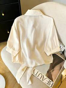 Resyla New Casual Retro Women's Collared Short Sleeve Tie-Front Sun Protection Shirt - Khaki - View 2