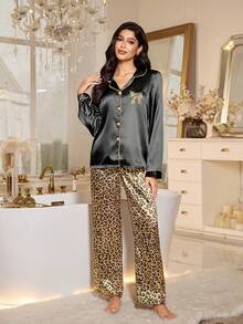 SHEIN Luxury Contrast Trim Leopard Print Women Pajama Set - Black - View 3