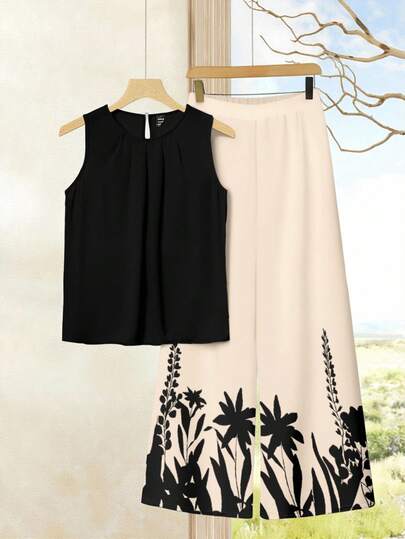 EMERY ROSE Casual Minimalist Floral Pattern 2 Pieces Set For Women, Suitable For Summer