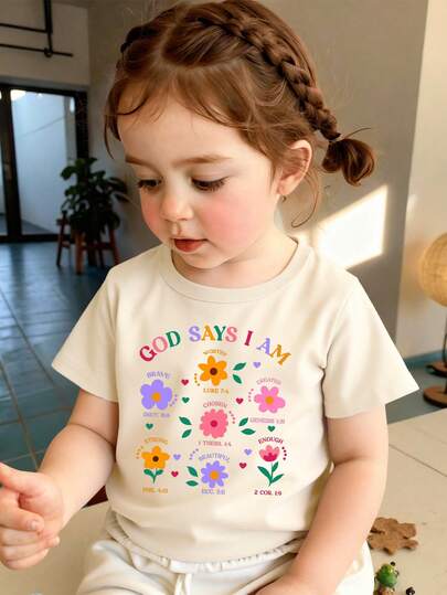 Camiseta básica de manga corta con estampado gráfico de flores, hojas y corazones, de estilo minimalista, lindo y colorido, para uso diario cómodo de niñas bebés, adecuado para primavera, verano y otoño