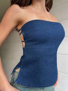 DAZY 夏季女士休闲侧开衩露背抹胸牛仔上衣 - 中等水洗藍 - 查看 5