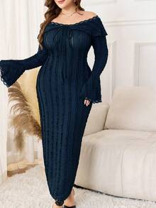 Modelyn Plus Size Women's Off-Shoulder Ruffle Long Sleeve Fitted Lace Patchwork Elegant Dress - Blue - View 3