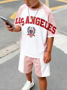 2pcs Tween Boy Casual Sportswear Set,White And Red Color-Blocked Patchwork Letter Print Short-Sleeved Shirt&Basketball Shorts,Summer Back-To-School - Multicolor - View 5