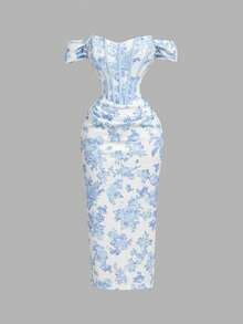 SHEIN MOD 女士碎花露肩褶皱修身连衣裙 - 藍白色 - 查看 4