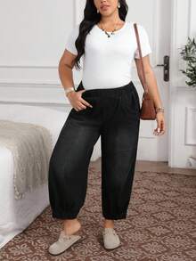 EMERY ROSE Plus Size Casual Fashion Everyday Washed Elastic Waist Jeans Casual Street Patchwork Pocket Loose Wide Leg Jeans Women Jeans Baggy Loose Jeans Barrel Leg/Barrel-Leg Jeans - Black - View 7