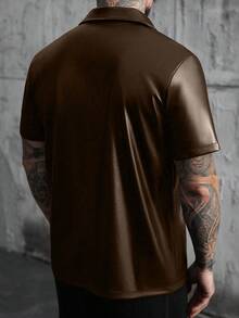 SLATEMANN Men's Loose Fit PU Leather Front Zip Short Sleeve Brown Shirt, Streetwear - Brown - View 2