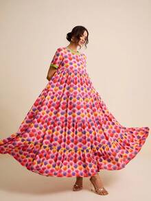 LOTSLUV 女士圆领短袖宽松连衣裙，扇形复古印花，粉色，春夏款 - 粉色 - 查看 1