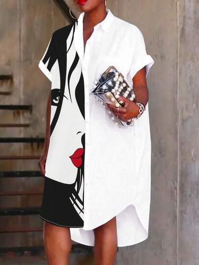 Zolique Front Button Human Face Printed Short Front Long Back Summer Dress With Short Sleeves