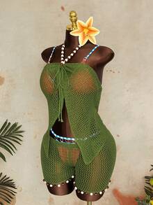 Sunspun 大码女式假日镂空设计吊带针织上衣和针织短裤套装 - 軍綠色 - 查看 7