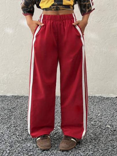 Coolane Kids Pantalones anchos de estilo casual con bloques de color y rayas para niña, estilo Y2K