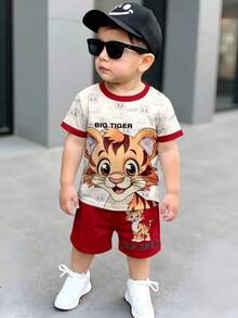 SHEIN Baby Boy Casual Minimalist T-Shirt Set Suitable For Summer, Classic Cute Tiger Print - Multicolor - View 1