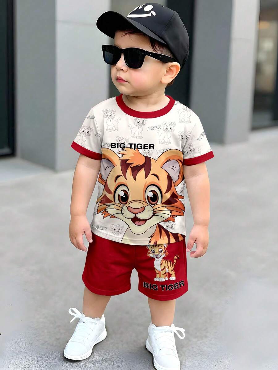 SHEIN Baby Boy Casual Minimalist T-Shirt Set Suitable For Summer, Classic Cute Tiger Print - Multicolor - View 1