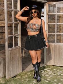 Breezaya Minifalda de mezclilla casual con cintura alta, plisada y con flecos para mujer de talla grande - Negro - Ver 4
