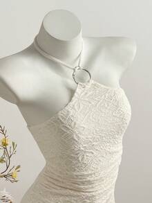 Elamini Women's Metal Ring Decor Halter Neck Jacquard Textured Sexy Mini Dress - Apricot - View 1