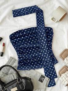 SHEIN Tween Girl Matching Neck Warmer, Bandeau Top, Ruched Waist - Navy Blue - View 4