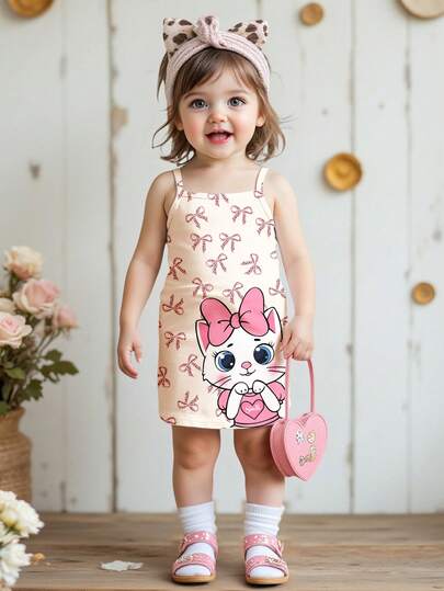 SHEIN Cream White, Leopard Print Pink Bow, Cartoon Animal Pattern, Retro Cute Kawaii Kitty Print, Baby Girl Casual Slim Fit Camisole Dress, Suitable For Spring/Summer Daily, Outdoor, Farm, Picnic, Vacation, Chill Chill