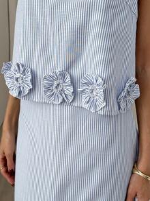 Easowa 女士蓝白条纹棉质半身裙套装（2件套），3D立体花卉设计，无袖上衣搭配长裙，适合浪漫假期、VIP婚礼季及日常通勤。 - 彩色 - 查看 6