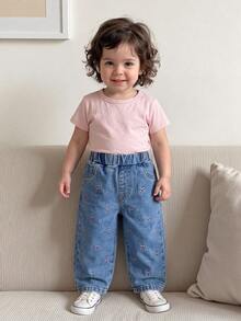 女婴牛仔裤，休闲款，饰有可爱蝴蝶贴花和刺绣设计，中腰修身蓝色牛仔裤，适合女婴穿着，带蝴蝶结，Y2K风格牛仔裤，2025秋冬新款 - 藍色 - 查看 7