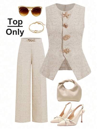 Ellevyn ملابس علوية أنيقة بدون أكمام مع أزرار على شكل صدف وكوكب للنساء