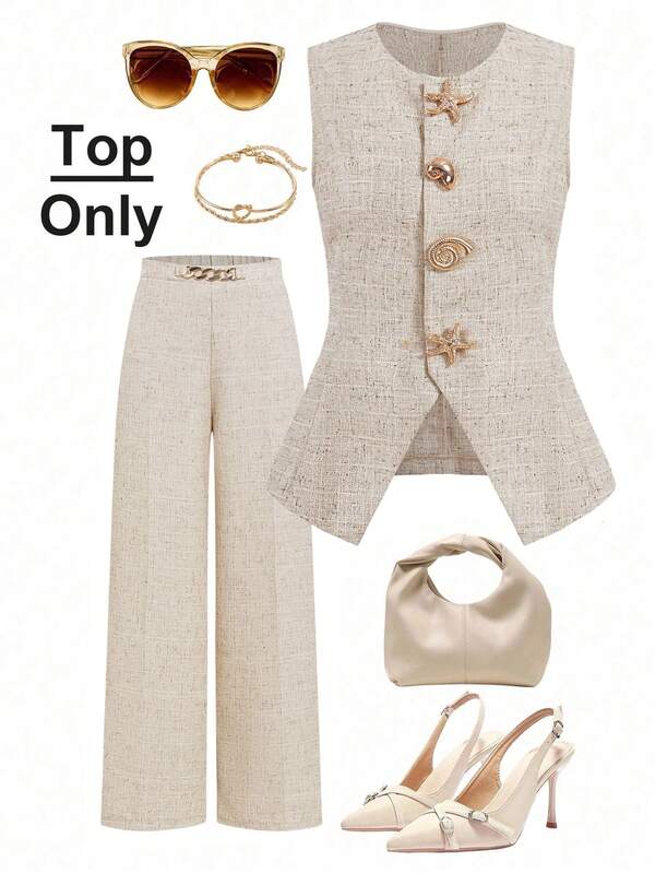 Ellevyn Women's Sleeveless Elegant Top With Shell & Star Buttons