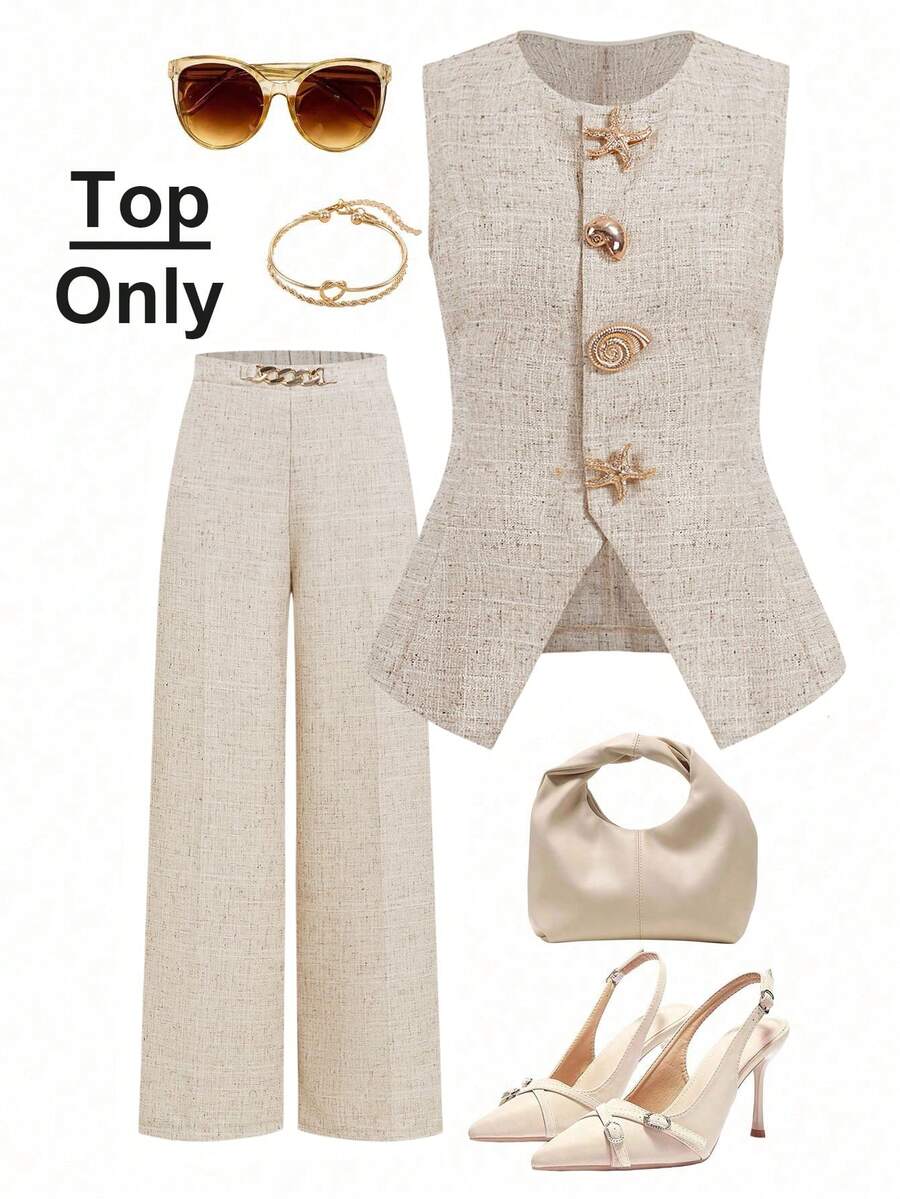 Ellevyn Top elegante sin mangas para mujer con botones de conchas y estrellas - Albaricoque - Ver 1