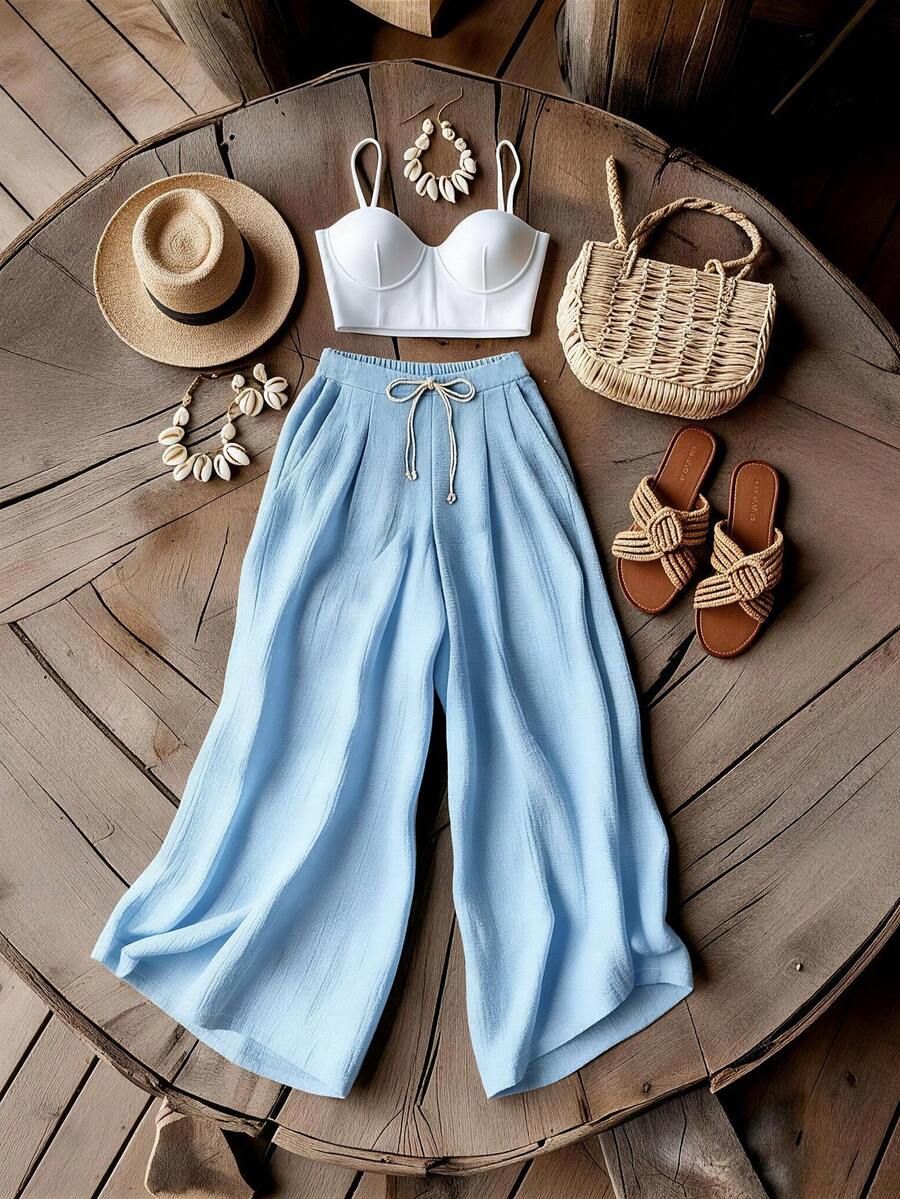 SHEIN Franclia Women's Casual Comfortable Versatile Vacation Wear Elastic Waist Wide Leg Denim Blue Pants, Spring/Summer - Baby Blue - View 1