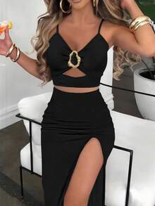 Franclia 女款性感修身百褶前襟金屬鈕扣上衣與高開衩中長裙優雅度假套裝 - 黑色 - 查看 5
