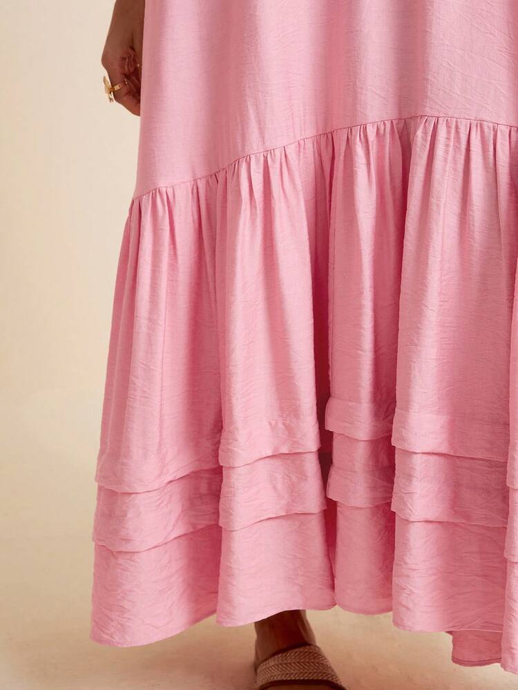 LOTSLUV 女士宽松褶皱泡泡袖圆领喇叭连衣裙，粉色，春夏款 - 粉色 - 查看 6