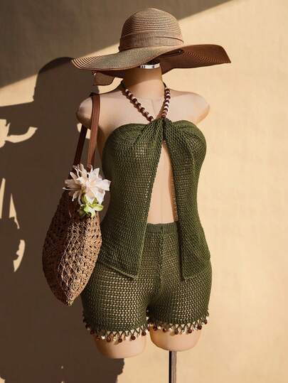 SHEIN ICON Plus Size Women's Beaded Green Knit Set