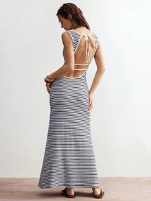 Bohemela 女士休闲针织条纹露背美人鱼连衣裙 - 藍色 - 查看 7