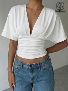 Aloruh White Ruched Short Sleeve V-Neck Cropped Top,Summer Holiday Vacation Outfits Women,Seksi Chic Brunch Street Spring Fashion Clothing Festival Beach - White - View 6