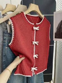 Franclia New Korean Design Contrast Stitching Layered Knit Vest For Women, Fashionable Casual Sleeveless Cardigan Sweater Top For Autumn/Winter - Redwood - View 6