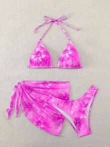 Swim Mod Women's Floral Print Halter Tie Swimwear Set - Purple - View 3
